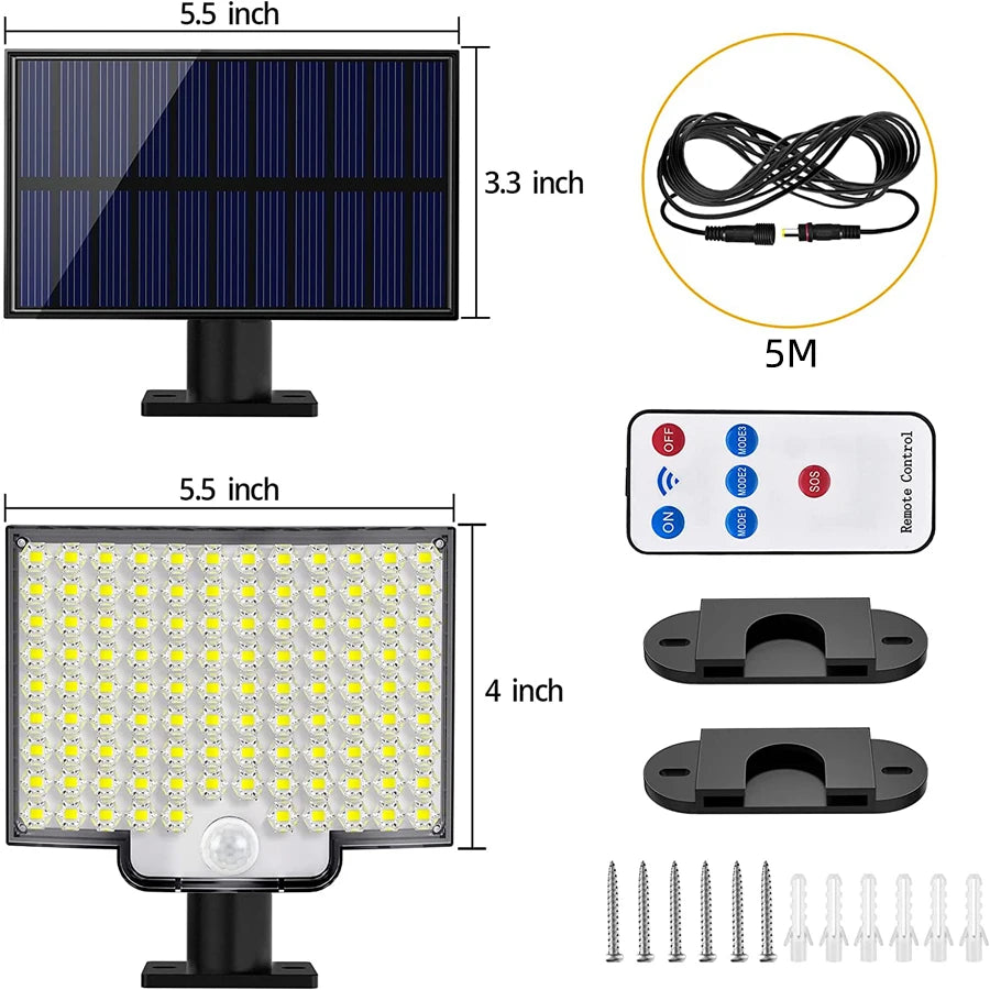 228LED Solar lamp outdoor security light, Three mode options: motion sensor, smart sensor, and dusk-to-dawn, powered by solar energy.