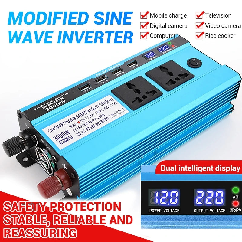 Solar Power Inverter with dual displays, AC output, and USB support for home, car, and DC power conversion.