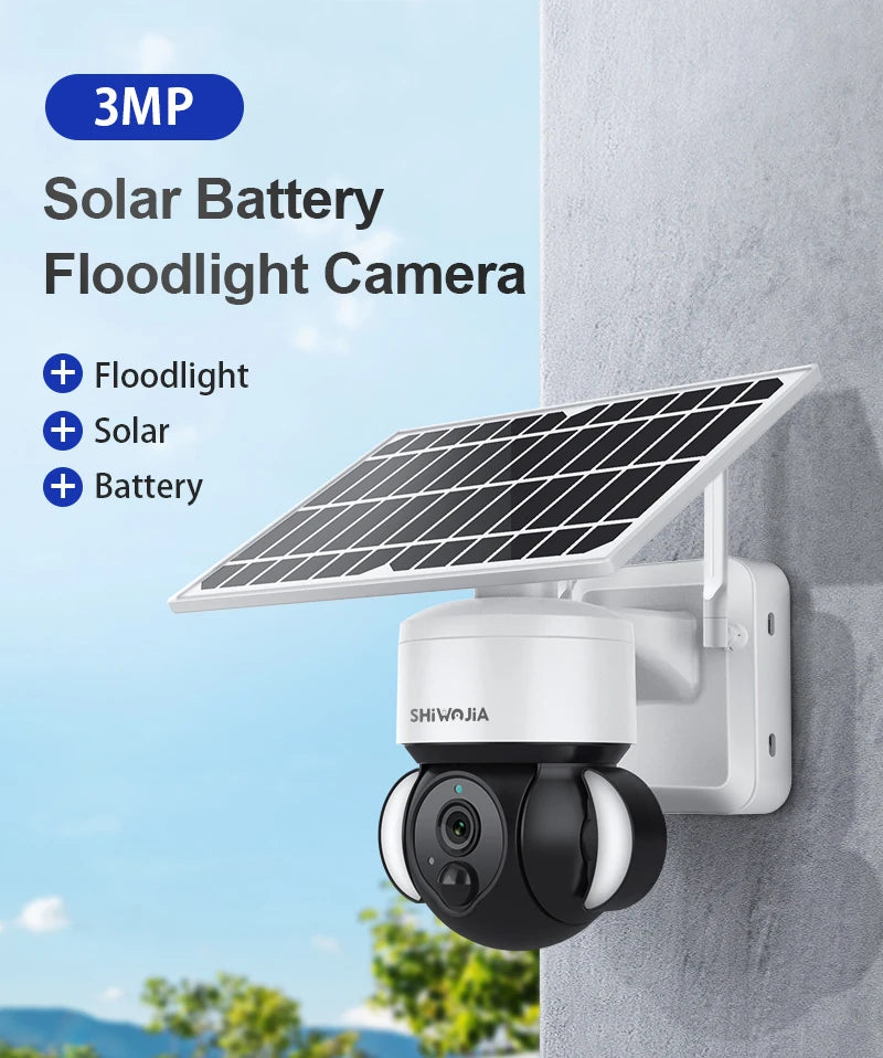 SHIWOJIA ST-518 Solar Camera, Outdoor floodlight camera with Wi-Fi, H.265 quality, and solar power.