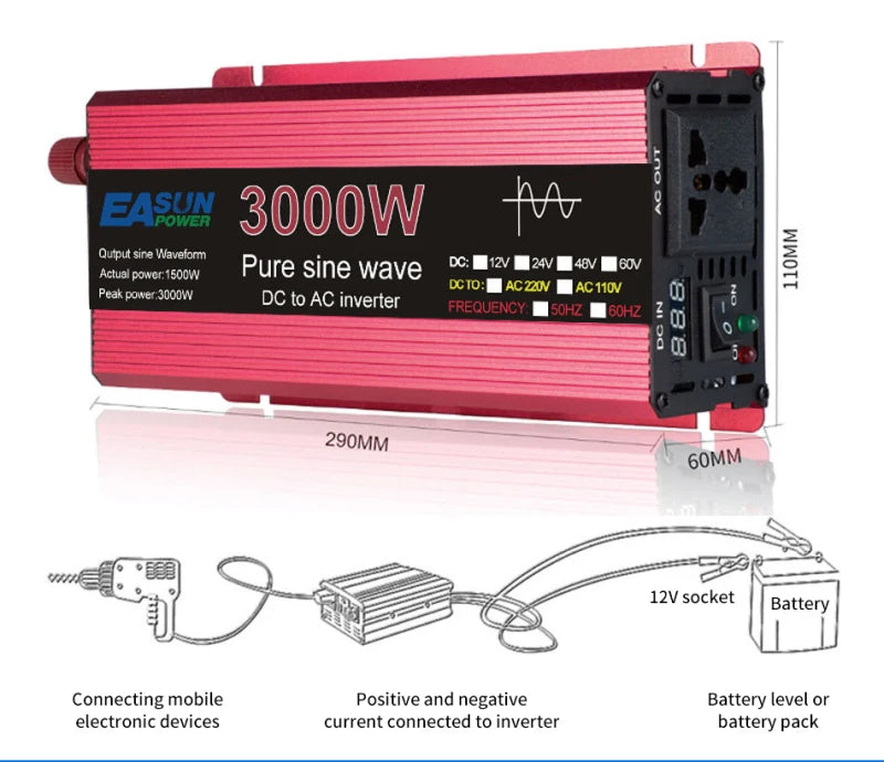 Pure Sine Wave Inverter, Pure sine wave DC power converter for AC power, up to 3000W, with adjustable frequency and LED display.