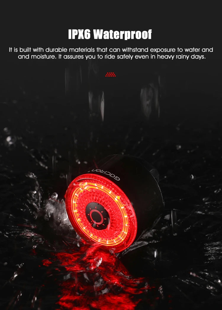 Gaciron LOOP-100 Smart Brake Bike Tail light, Water-resistant bicycle light for safe riding in rain and wet conditions.