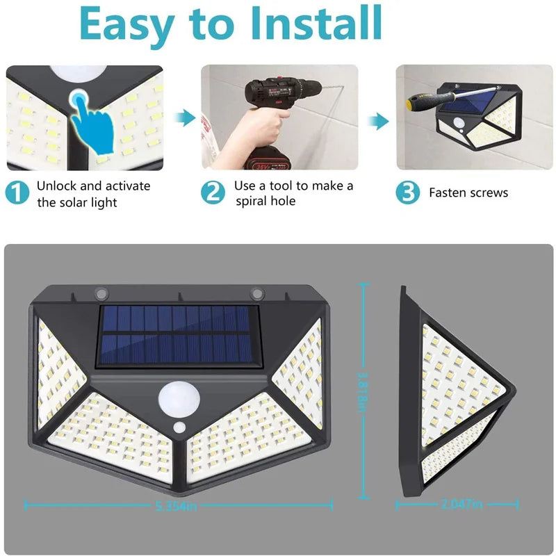 100 LED Solar Light, Easy installation: simply unscrew, install, and secure with 3 fasteners.