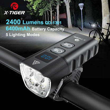 X-TIGER QD-1301 Front Light Bicycle Lamp - USB Rechargeable LED Flashlights 2400 Lumens 6400 mAh Outdoor Mountain Bike Headlights