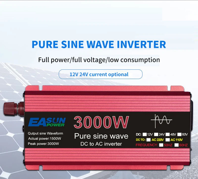 Pure Sine Wave Inverter converts DC power to AC output with optional current options and peak power up to 3000W.