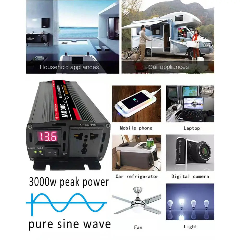 3000W Pure Sine Wave Power Inverter, Inverter supports multiple devices up to 3000W, ideal for household appliances and gadgets.