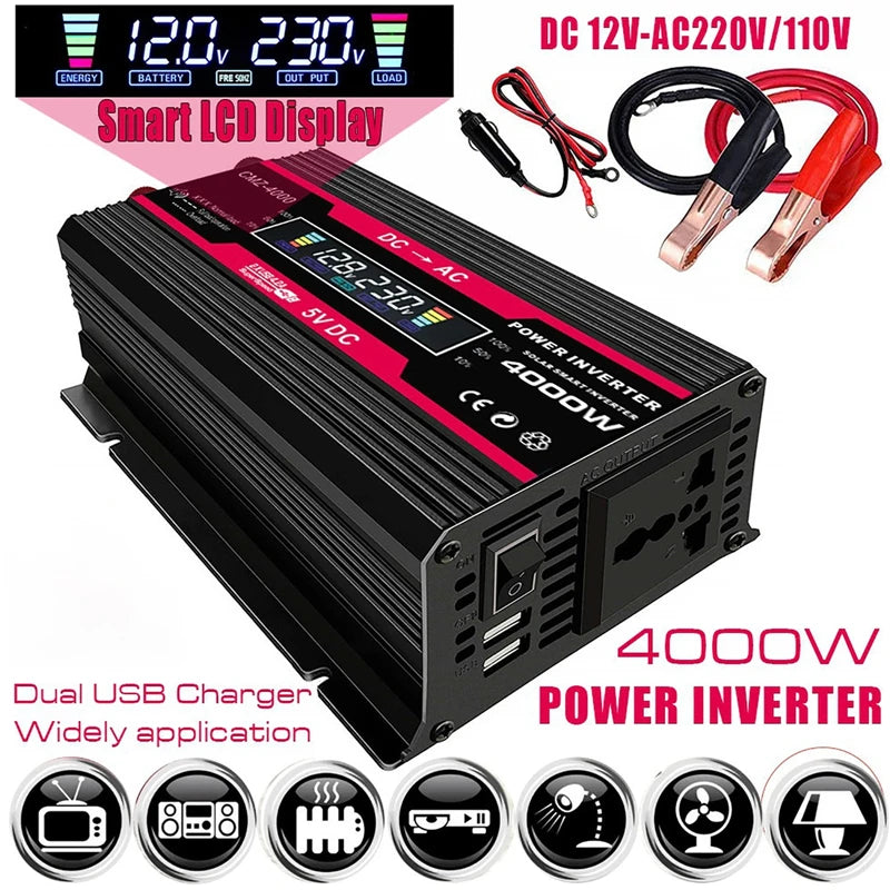 4000W LCD Display Solar Power Inverter, Powerful battery charger with dual USB ports and modified sine wave inverter.