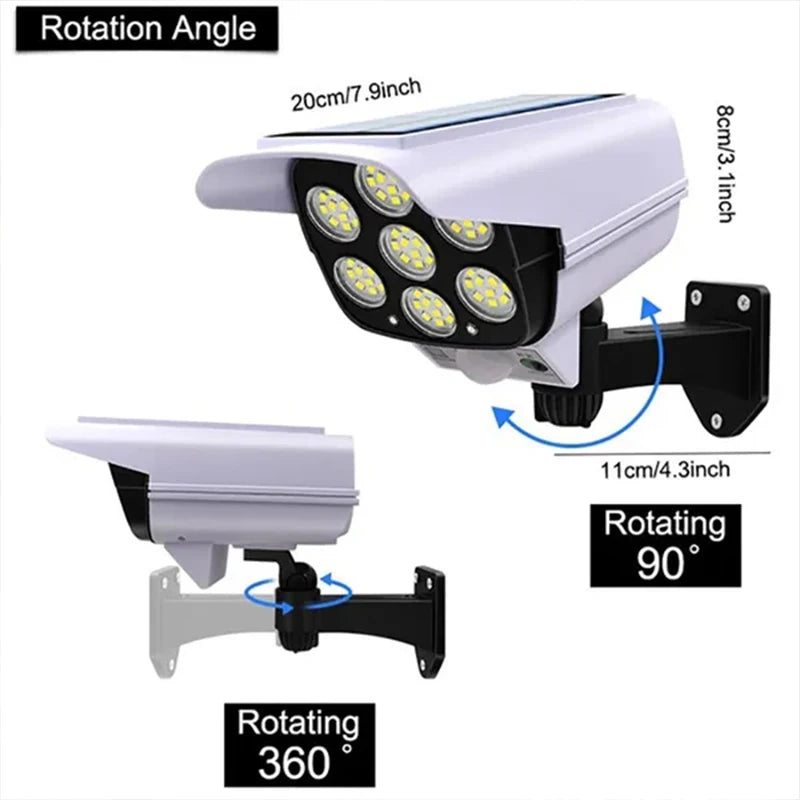 77 LED Solar Light, Rotates 90-360 degrees with 8-11cm range for adjustable and flexible coverage.