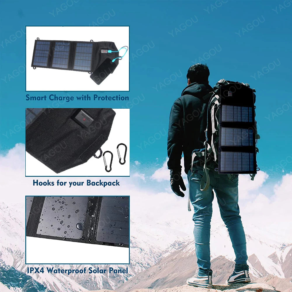 120W Foldable Solar Panel, Waterproof solar panel with protection hooks for charging devices on-the-go.