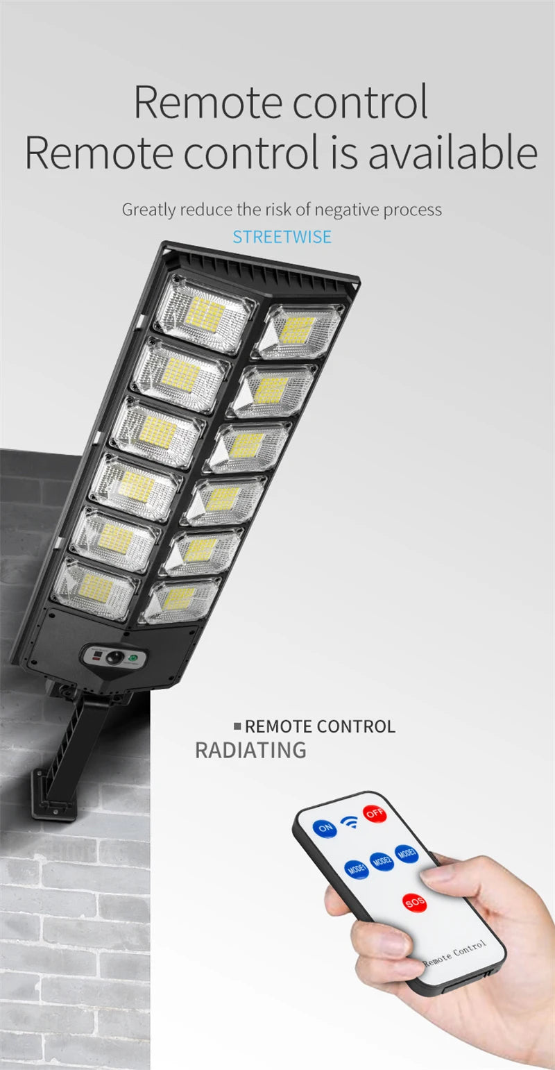 Newest 10000LM Solar Street Light, Available with remote control for easy operation and reduced risk of accidental activation.