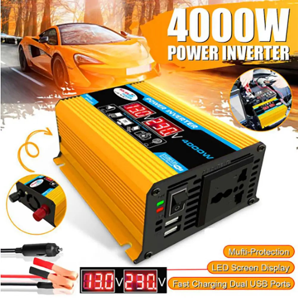 Pure Sine Wave Inverter, Converter for 12V DC to 220V AC, 4000W power, LCD display, and USB charging ports.