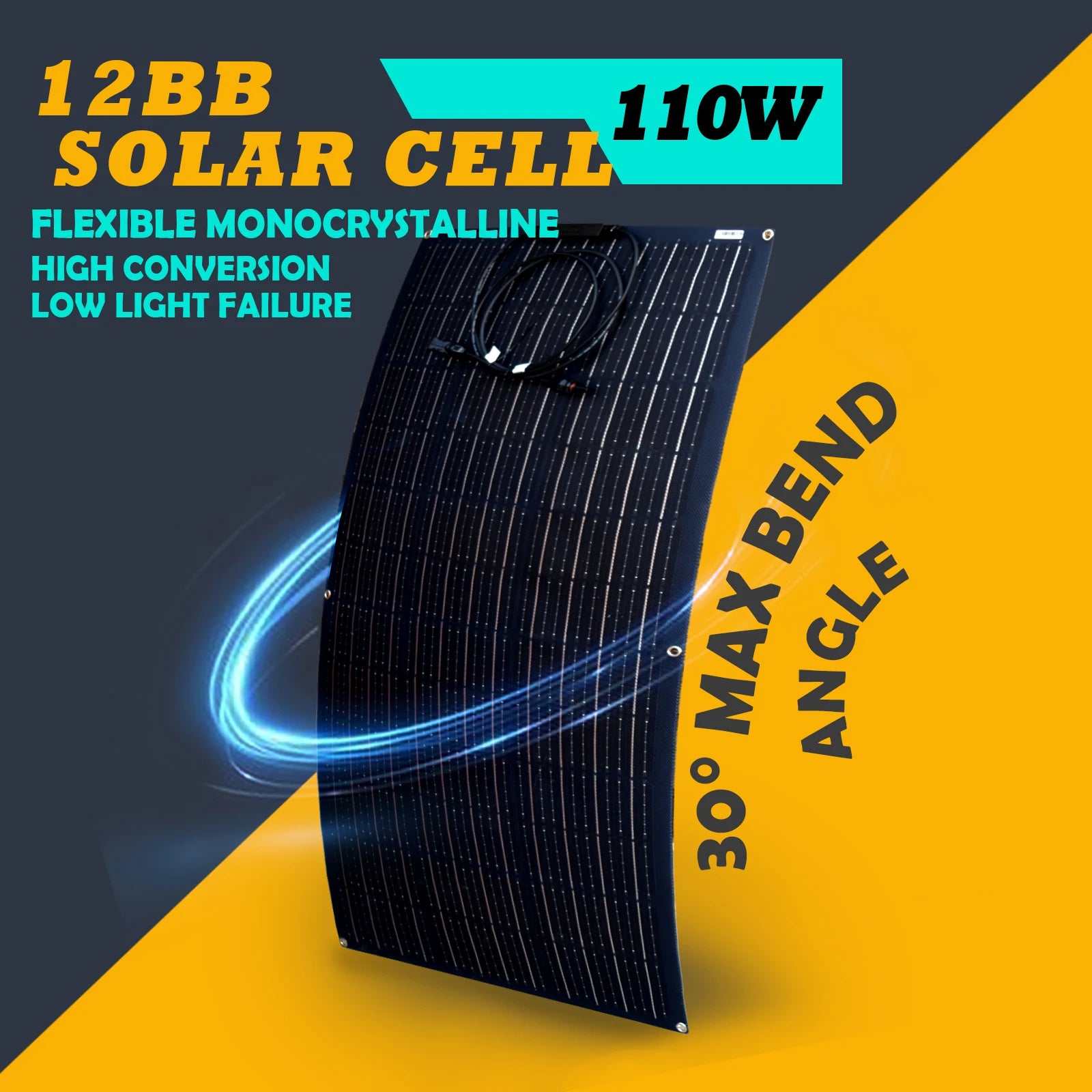 Flexible, high-efficiency solar cell for RVs and boats with high conversion rate and low light failure rate.