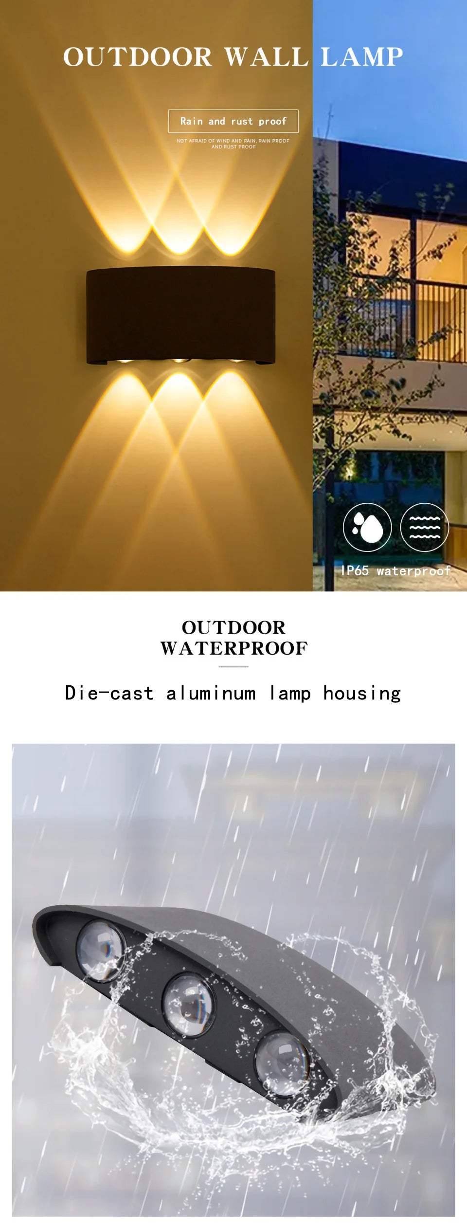 Durable outdoor wall lamp with IP65 waterproof rating, made of die-cast aluminum.