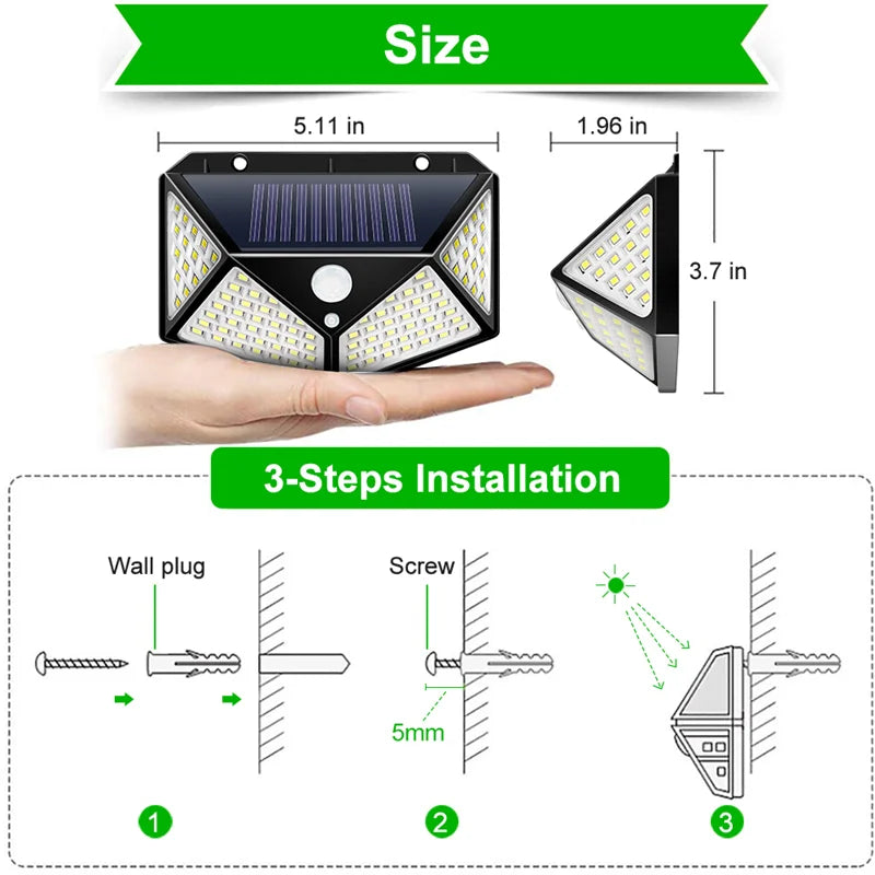 100 LED Solar Light, Compact device measures 5.11 x 1.96 x 3.7 inches; easy to install and set up.