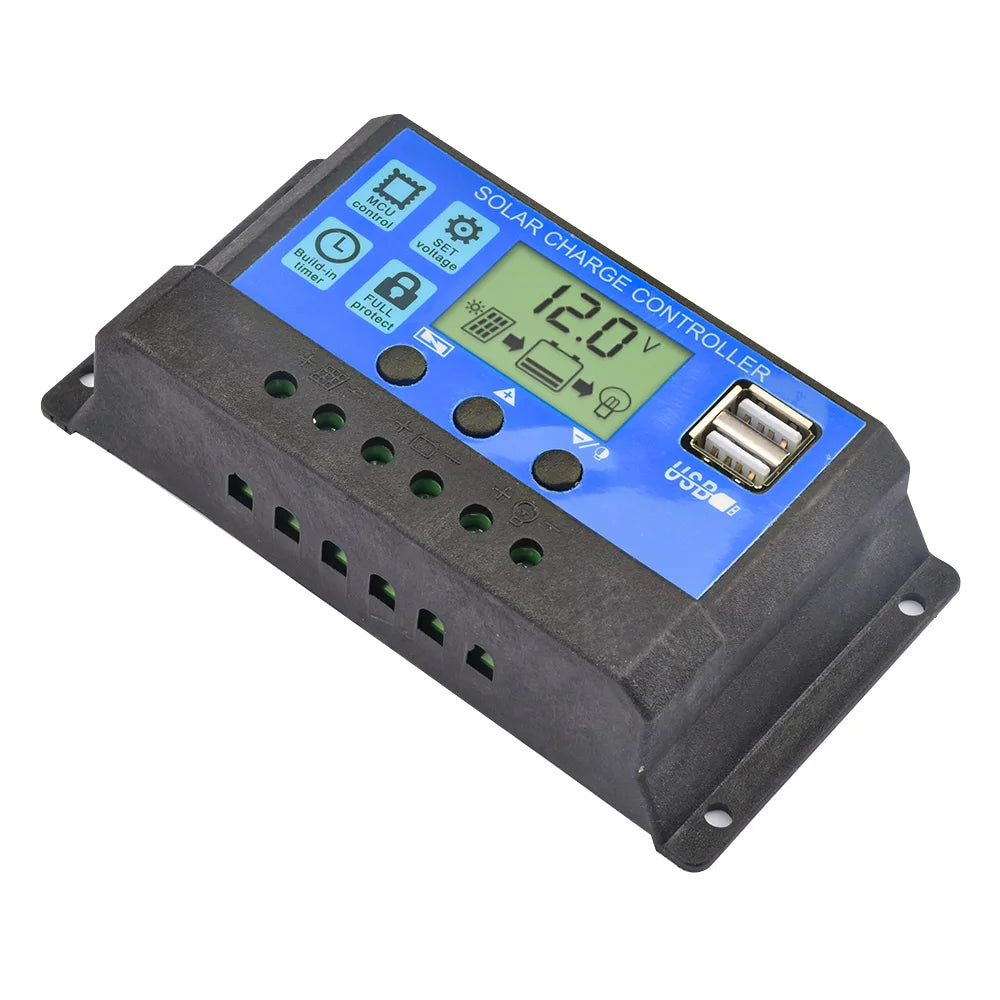 30A 20A 10A Solar Panel Controller, Charge controller with timer for 12V or 24V batteries, with adjustable current and 2 USB ports.