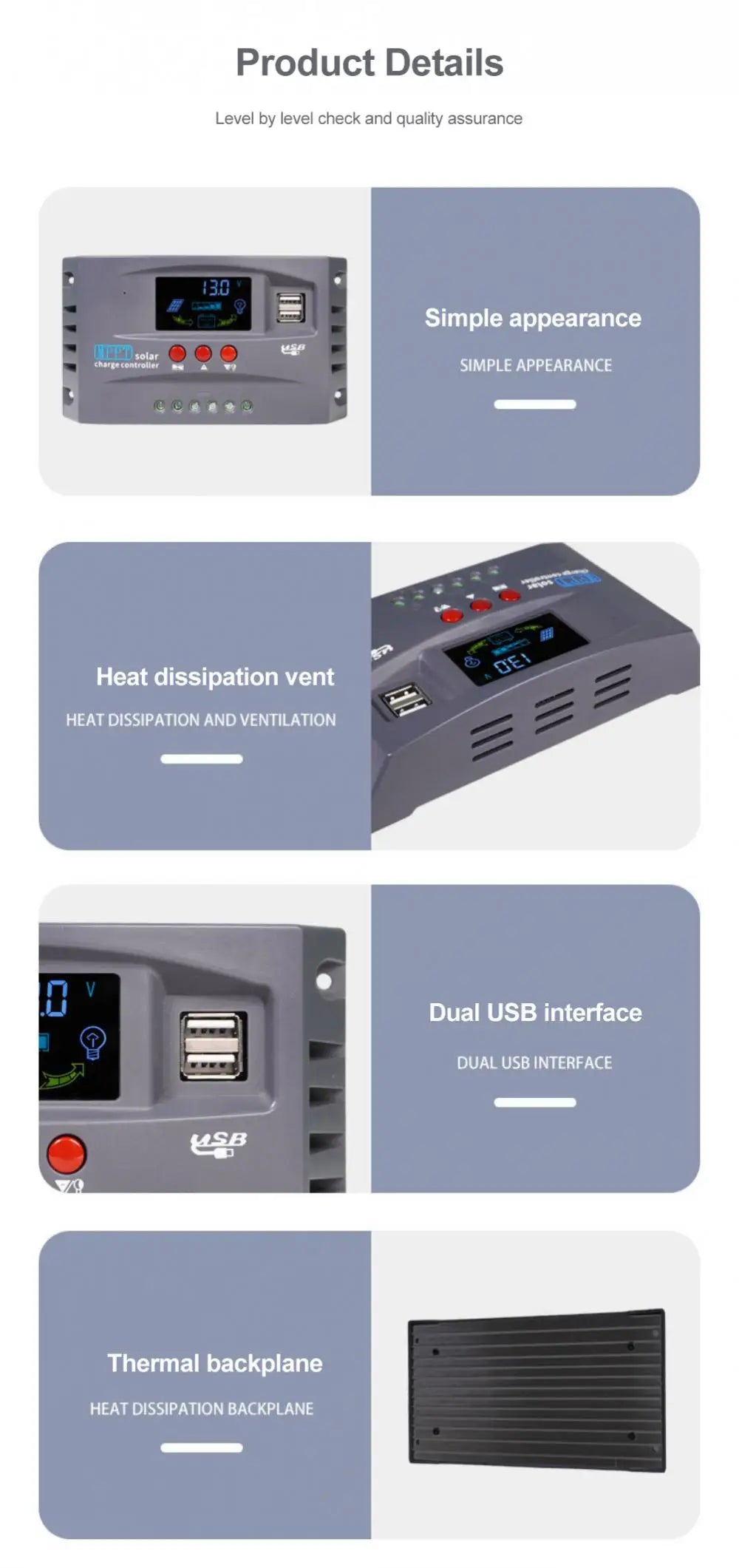 CORUI 10A 20A 30A MPPT Solar Charge Controller, Simple design with heat dissipation ventilation and USB interfaces for efficient charging.