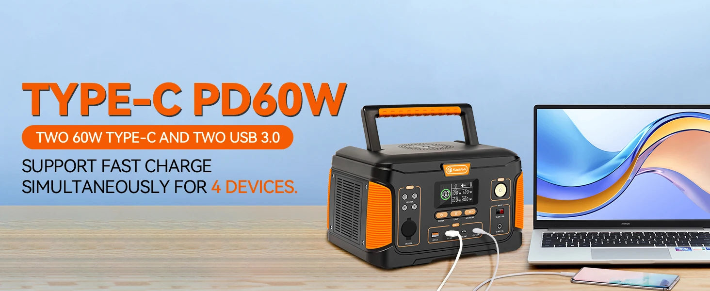 FF Flashfish J1000 PLUS, Charge up to four devices at once with dual Type-C and USB 3.0 ports.