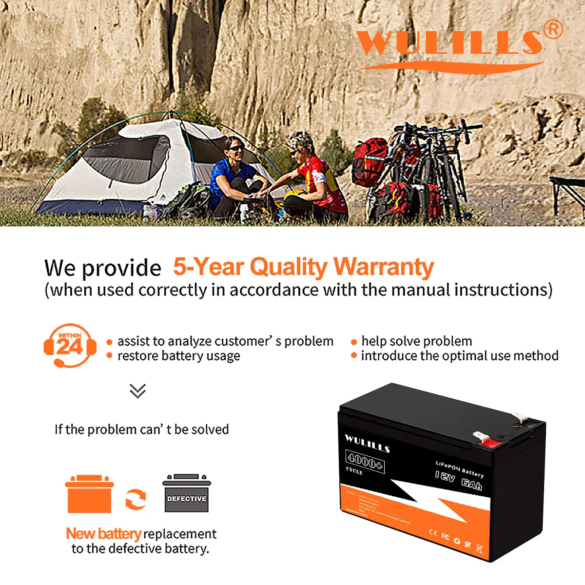 WULILLS 12V 6Ah LiFePo4 Battery, Durable LiFePo4 battery with 5-year warranty and dedicated customer support for optimal performance and replacement if needed.