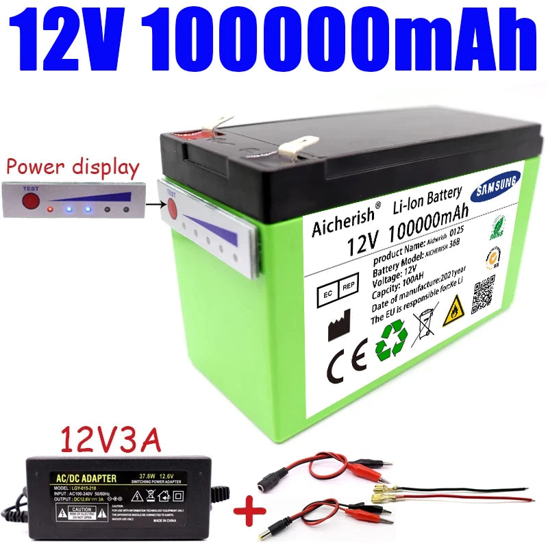 Aicherish 12V 60AH 18650 Lithium Battery, Lithium battery for solar energy and EVs, 12V, 60Ah, rechargeable, 12.6V 3A charger.