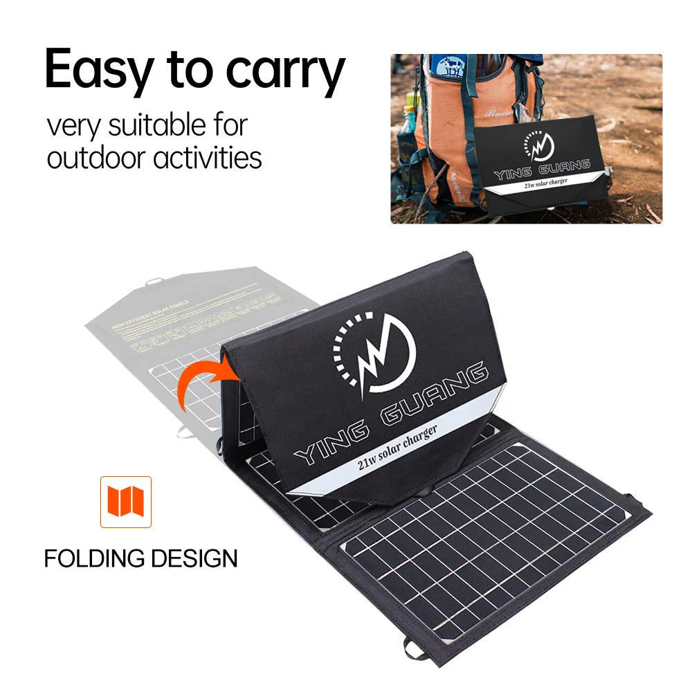 Upgraded 28W 21W 14W Portable Solar Panel, Portable solar charger with foldable design for charging devices outdoors.