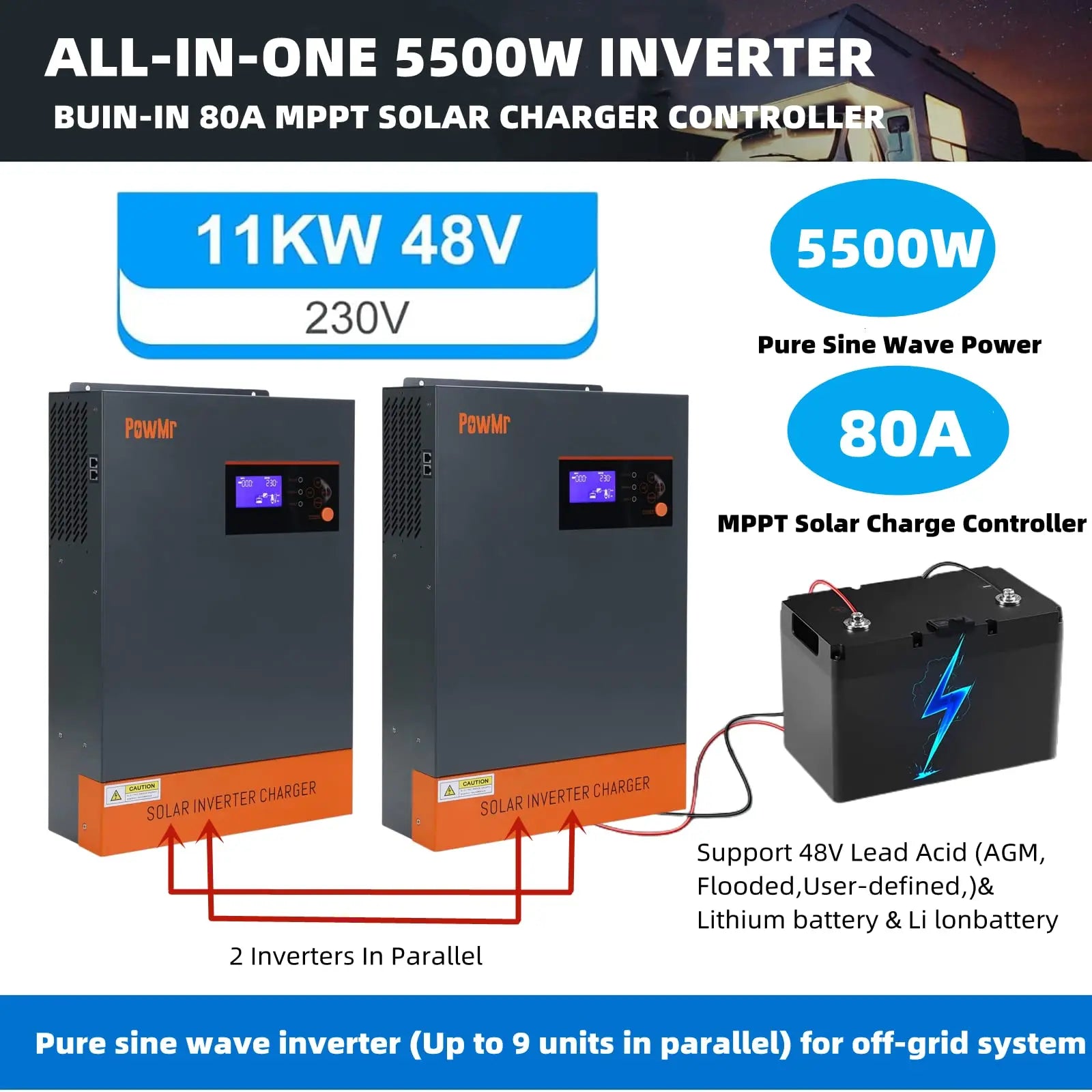 PowMr 5KW Hybrid Solar Inverter, PowMr's all-in-one hybrid solar inverter combines charging and power, perfect for off-grid systems.