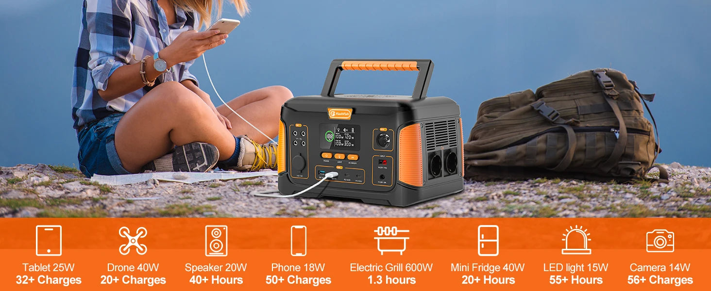 FF Flashfish J1000 PLUS, Portable power station for charging devices, with 1000Wh capacity and various output options.