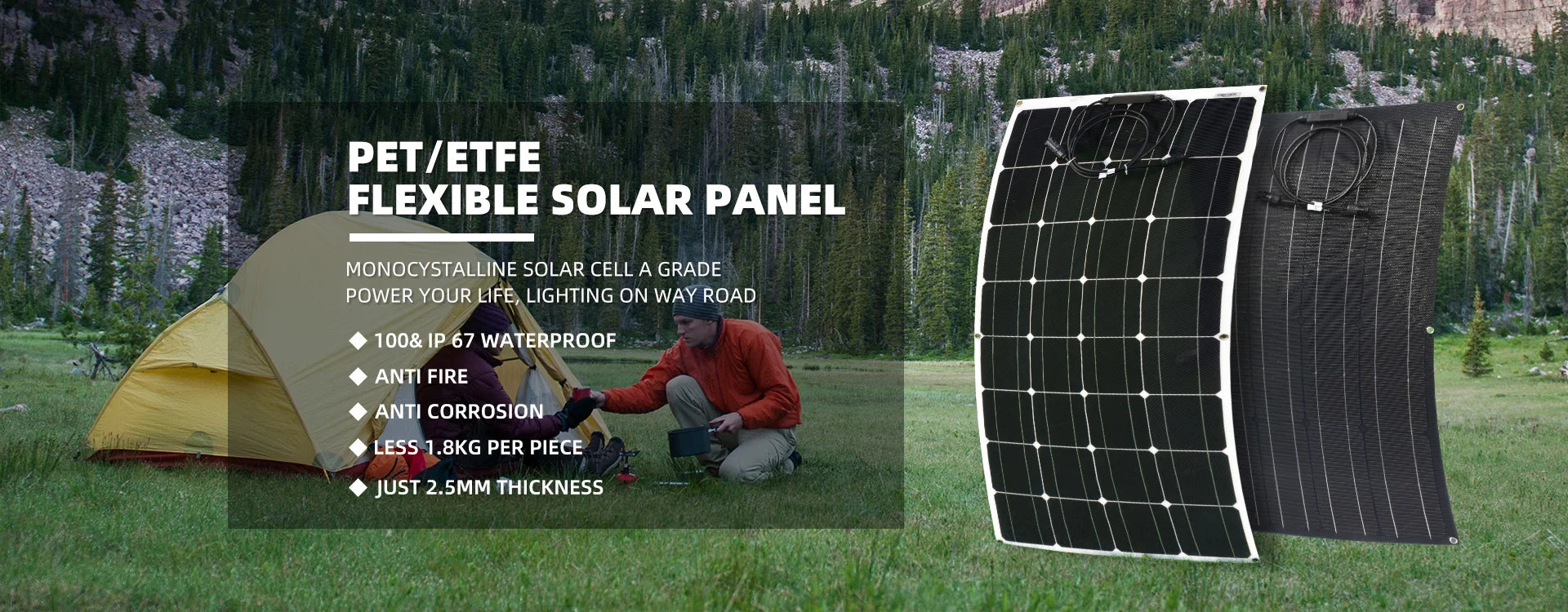 Compact, waterproof solar panel with monocrystalline cells for portable power.