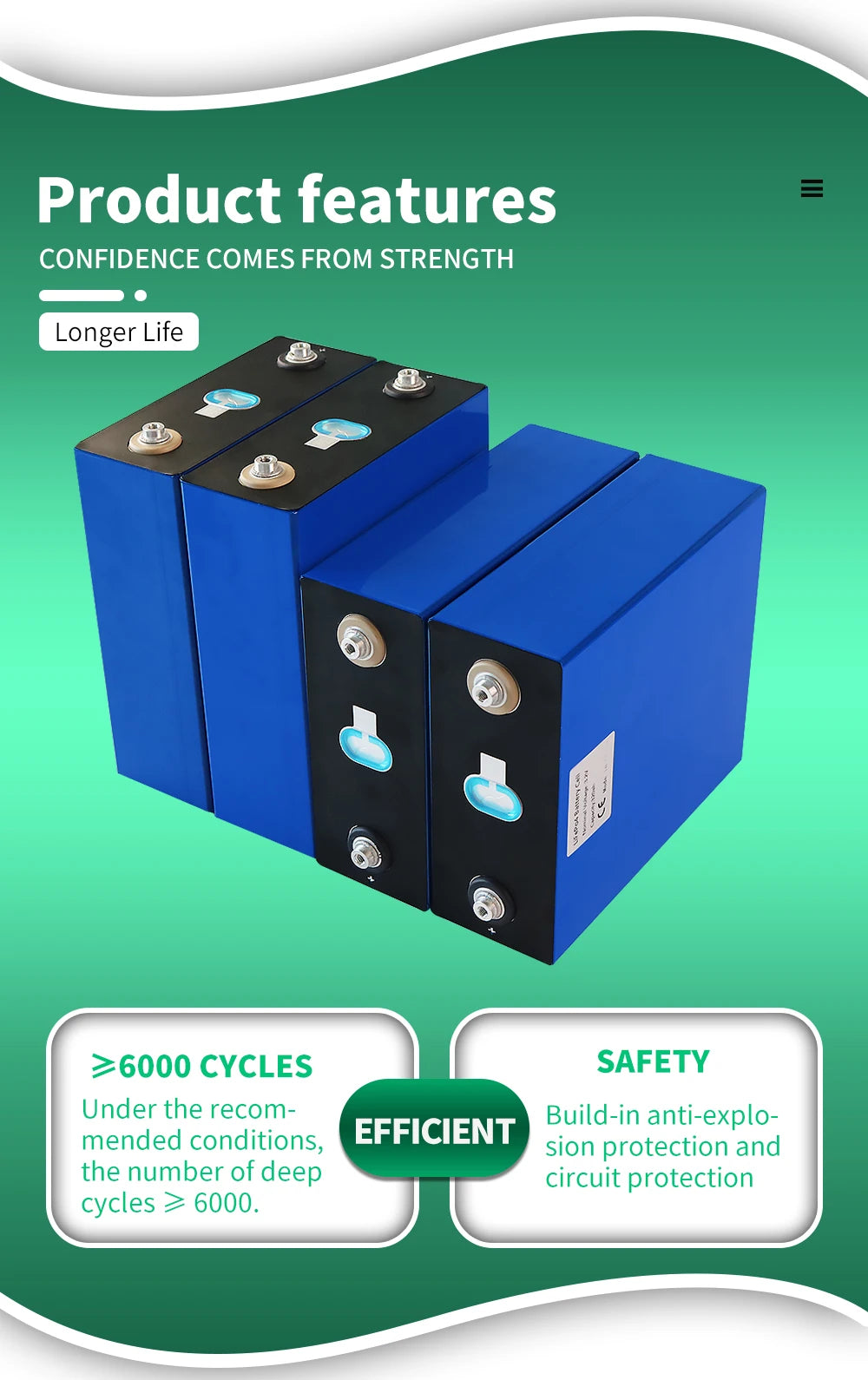 320AH Lifepo4 Battery, Reliable battery with long lifespan (6,000+ cycles), built-in explosion protection, and deep cycle safeguard.