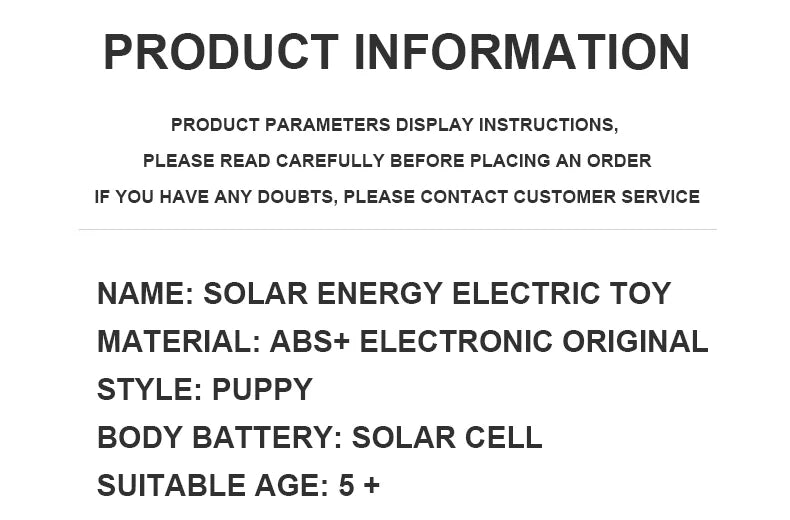 Solar Powered Electric Mechanical Dog Robot, Solar-powered robotic dog with puppy body style, suitable for ages 5+, requires careful reading before ordering.