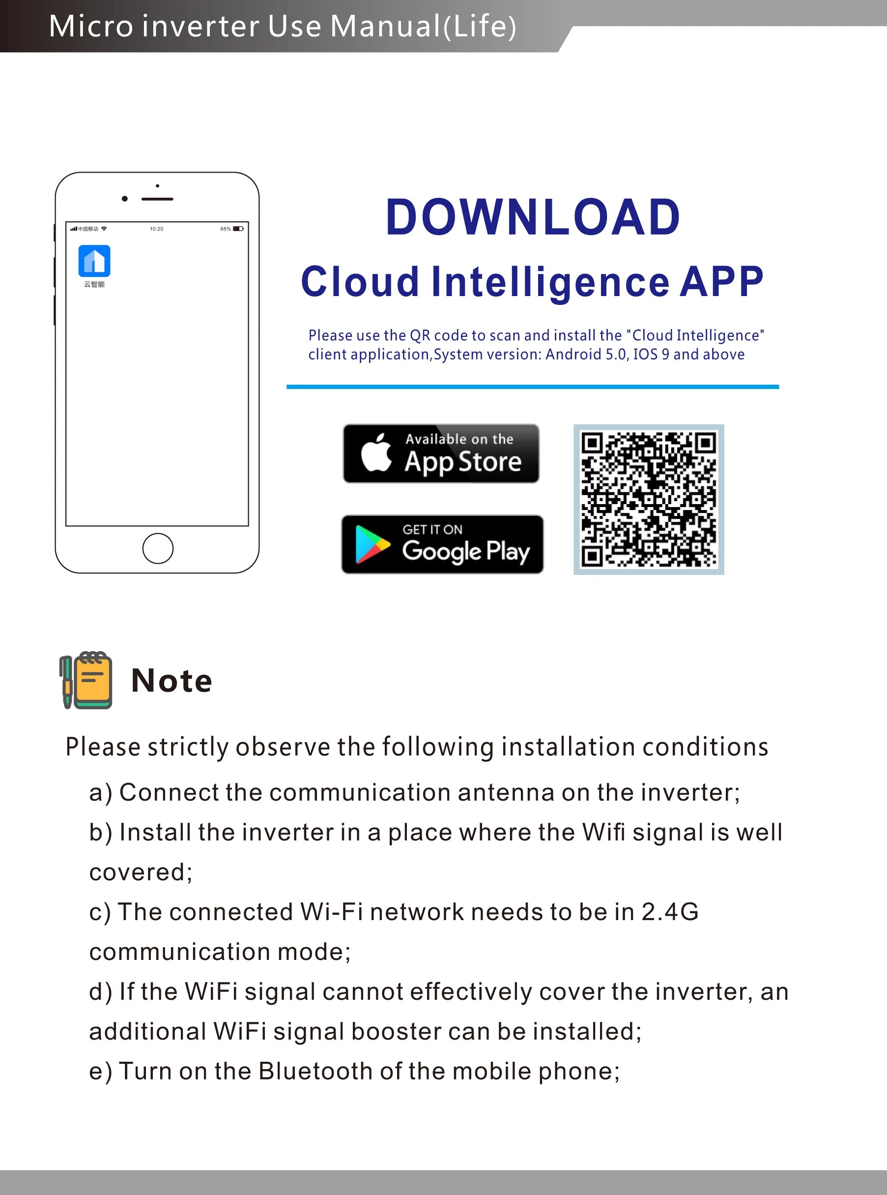 Wireless Series R3 Micro Inverter, Download Cloud Intelligence APP using QR code; install antenna, Wi-Fi, and Bluetooth for micro inverter performance monitoring.