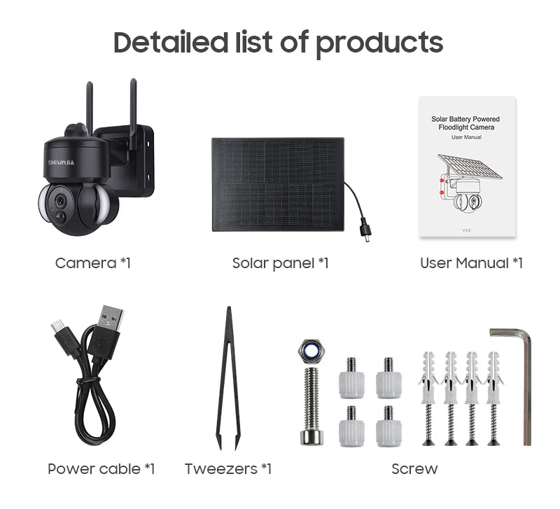 SHIWOJIA 516C Solar Camera, Solar-powered camera kit with solar panel, camera, and accessories.