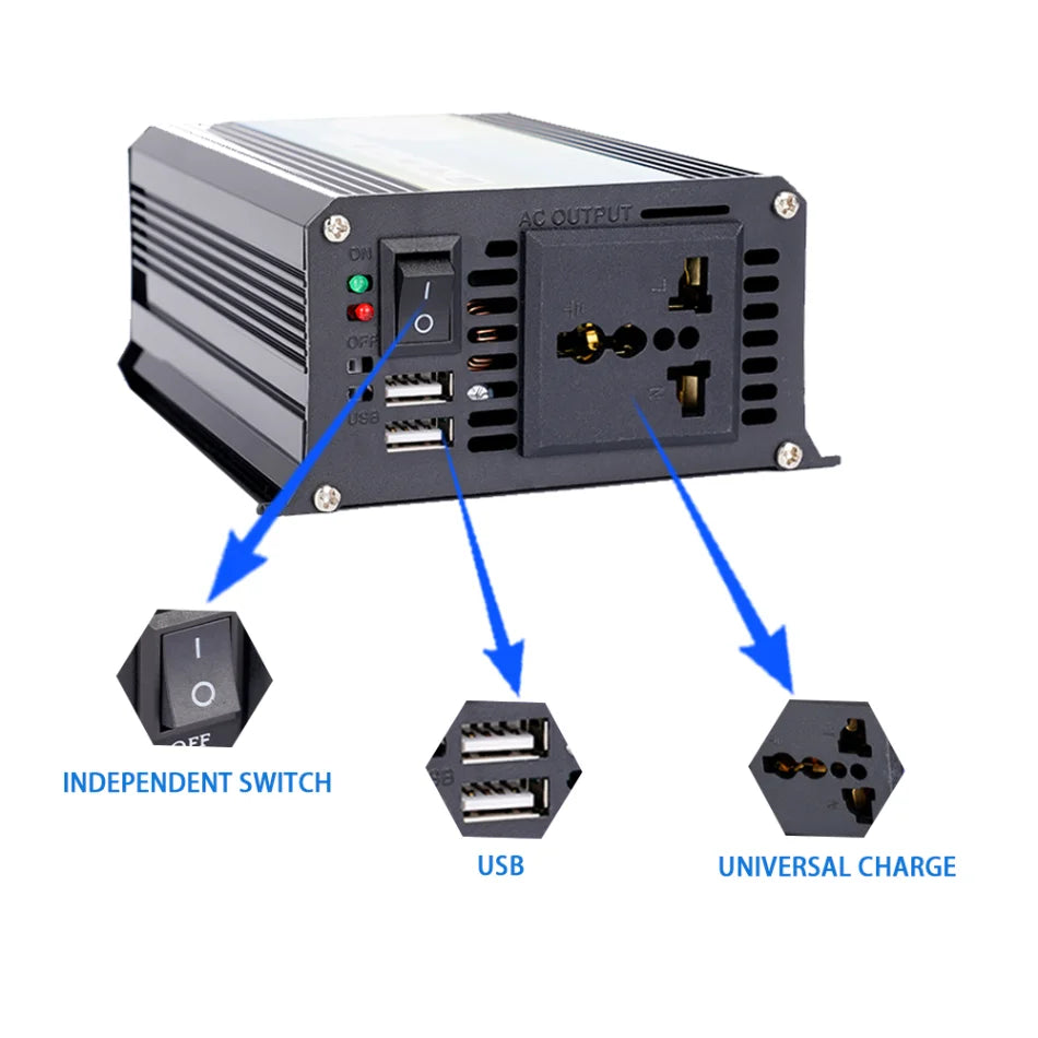 3000W Car Inverter, Output AC voltage, with independent switch and USB charging port for universal charging.