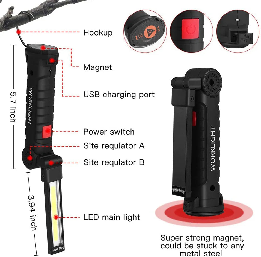 New Portable COB LED Flashlight, Portable flashlight with USB charging station, multiple brightness levels, and strong magnet for hands-free use.