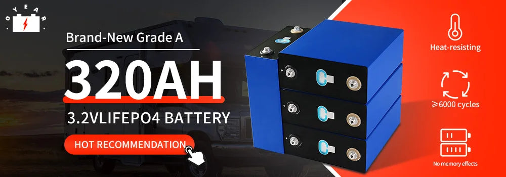 High-capacity lithium iron phosphate battery with 3.2V and 320Ah capacity, ideal for repeated charging.