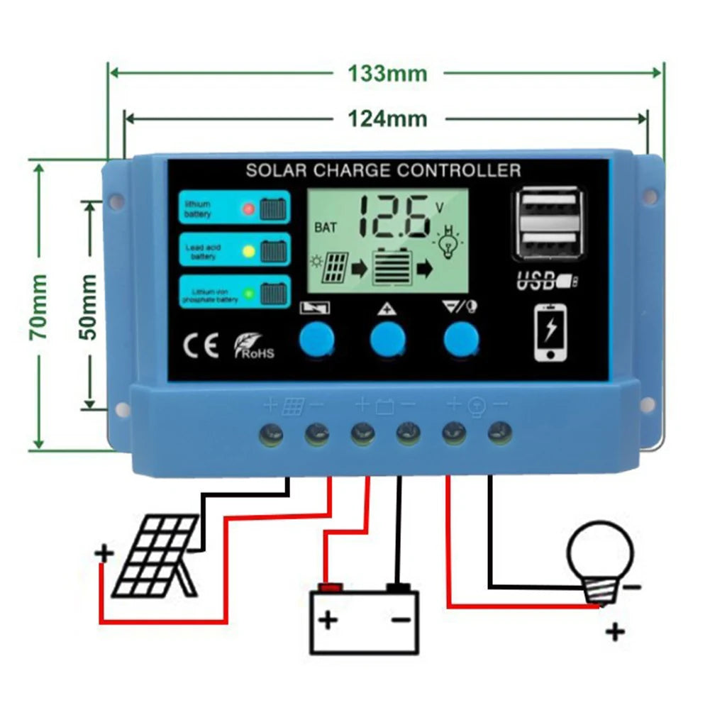 10A 20A 30A  PWM Solar Charge Controller, Solar charge controller for 12V or 24V PV systems with LCD display and dual ports.