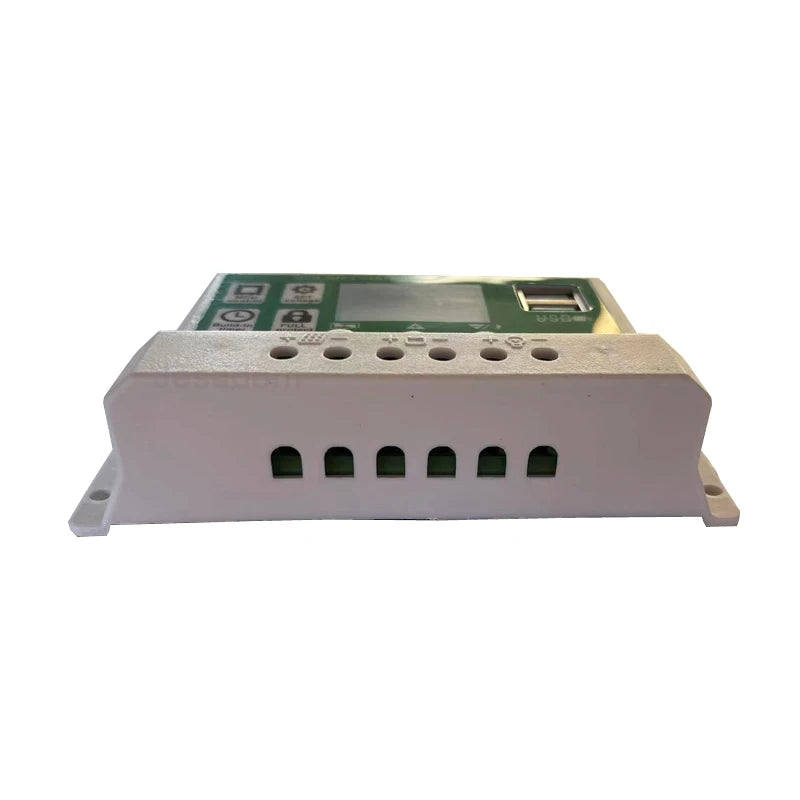 PWM 12V24V 10A20A30A Solar Charge Controller, Solar charge controller regulates power from panels, charges devices via dual USB ports, and features adjustable voltage and current settings.