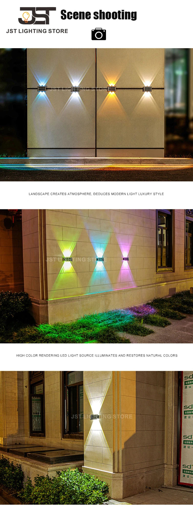 Solar LED Wall Light, Modern luxury store ambiance achieved through high-color-rendering LED lighting, showcasing vibrant colors.