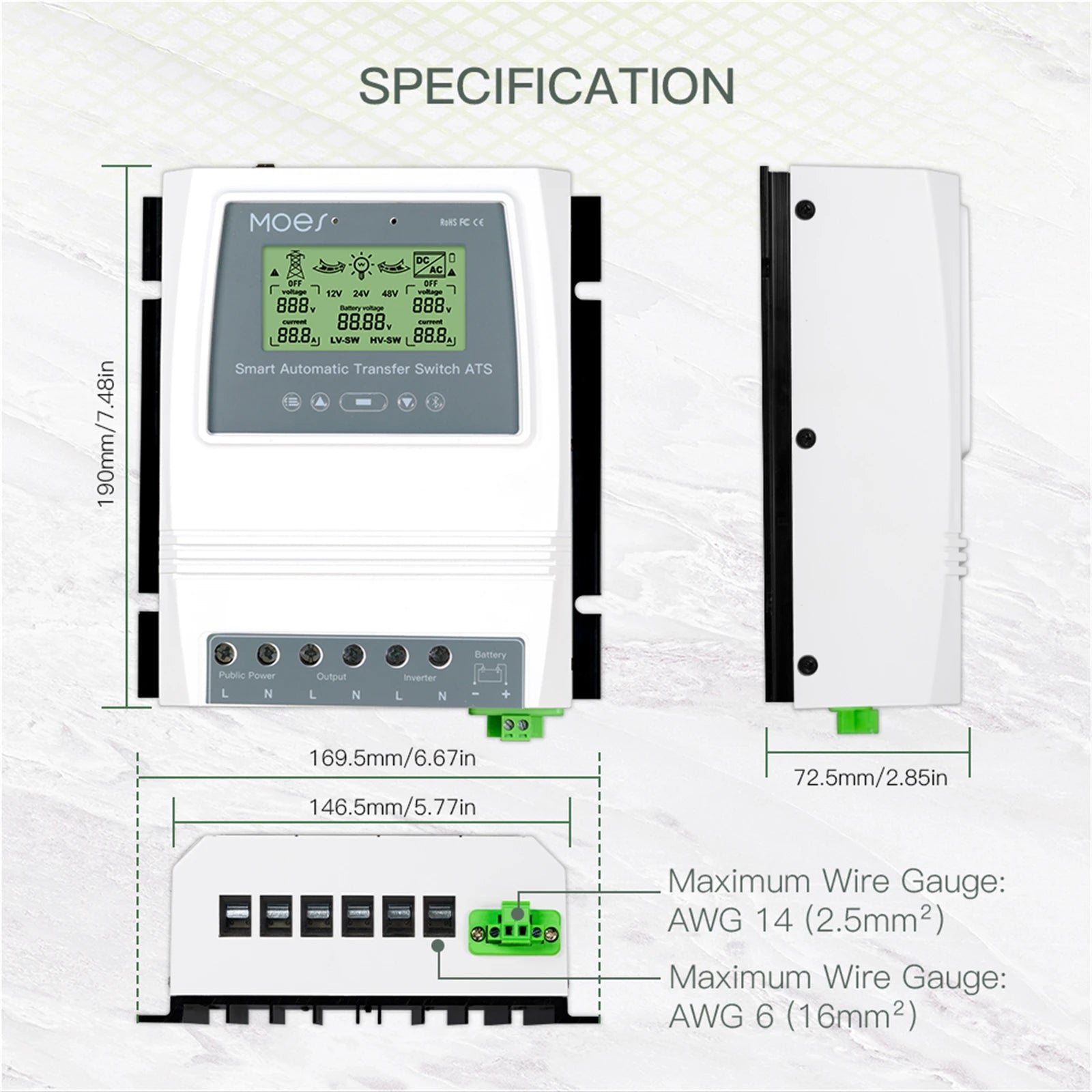 Automatic Transfer Switch (ATS) for DC/AC power, up to 6kW output, compact design.