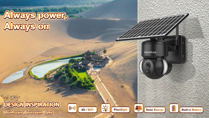 SHIWOJIA 516C Solar Camera, Smart garden light with WiFi connectivity, solar power, and built-in battery for autonomous operation.