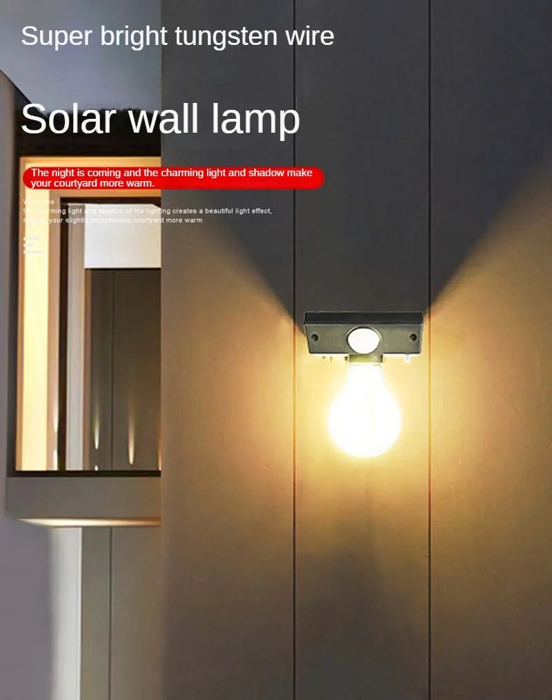 Solar Light, Enchanting solar-powered wall lamp provides warm evening ambiance with soft lighting and shadows.