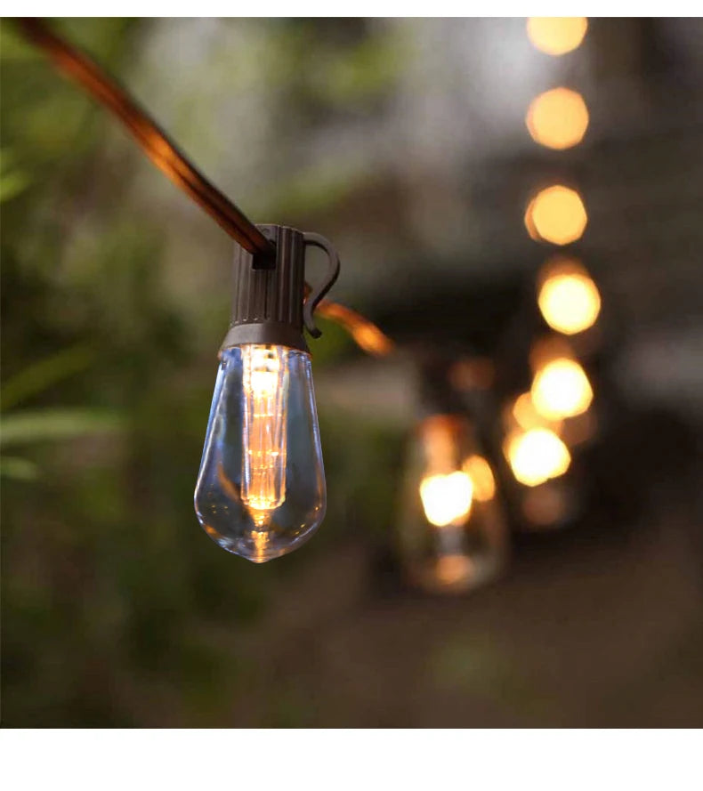 LED Solar String Light, Adjustable rings create linear or scalloped lighting effects with hooks and guide wires.