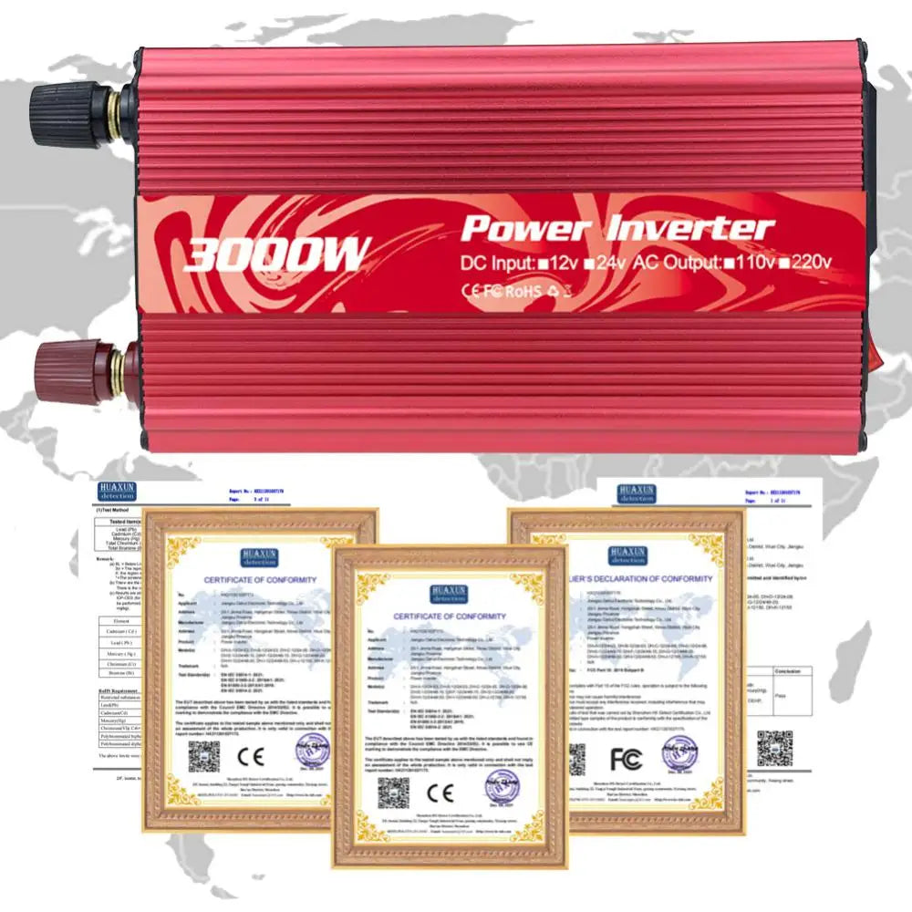 Inverter converts 12V or 24V DC to 110V or 220V AC for off-grid and solar power use.