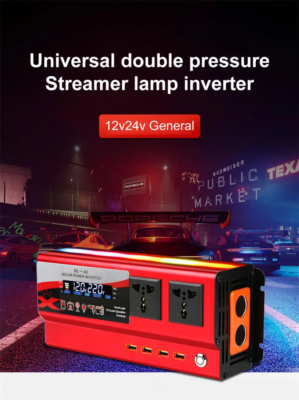 Pure Sine Wave Inverter, Car-friendly inverter converts DC power to AC, charges devices and powers appliances with USB and EU sockets.