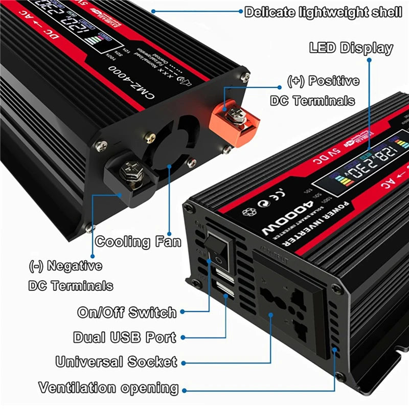 4000W LCD Display Solar Power Inverter, Portable power bank with compact design, LED display, and multiple charging options.