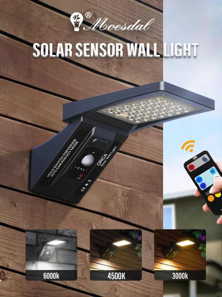 LED Outdoor Solar Wall Light, Sleek solar-powered light with motion sensor and remote control, perfect for outdoor spaces.