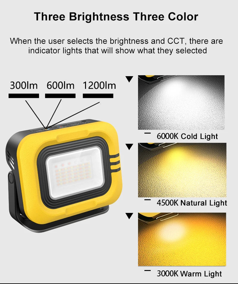 1200LM Solar Work Light, Adjustable brightness and color temperature with indicator lights.