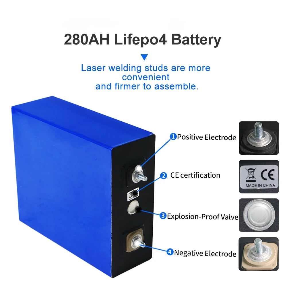 Laser-welded studs for easy assembly; CE-certified 280AH Lifepo4 battery with Chinese-made electrodes.