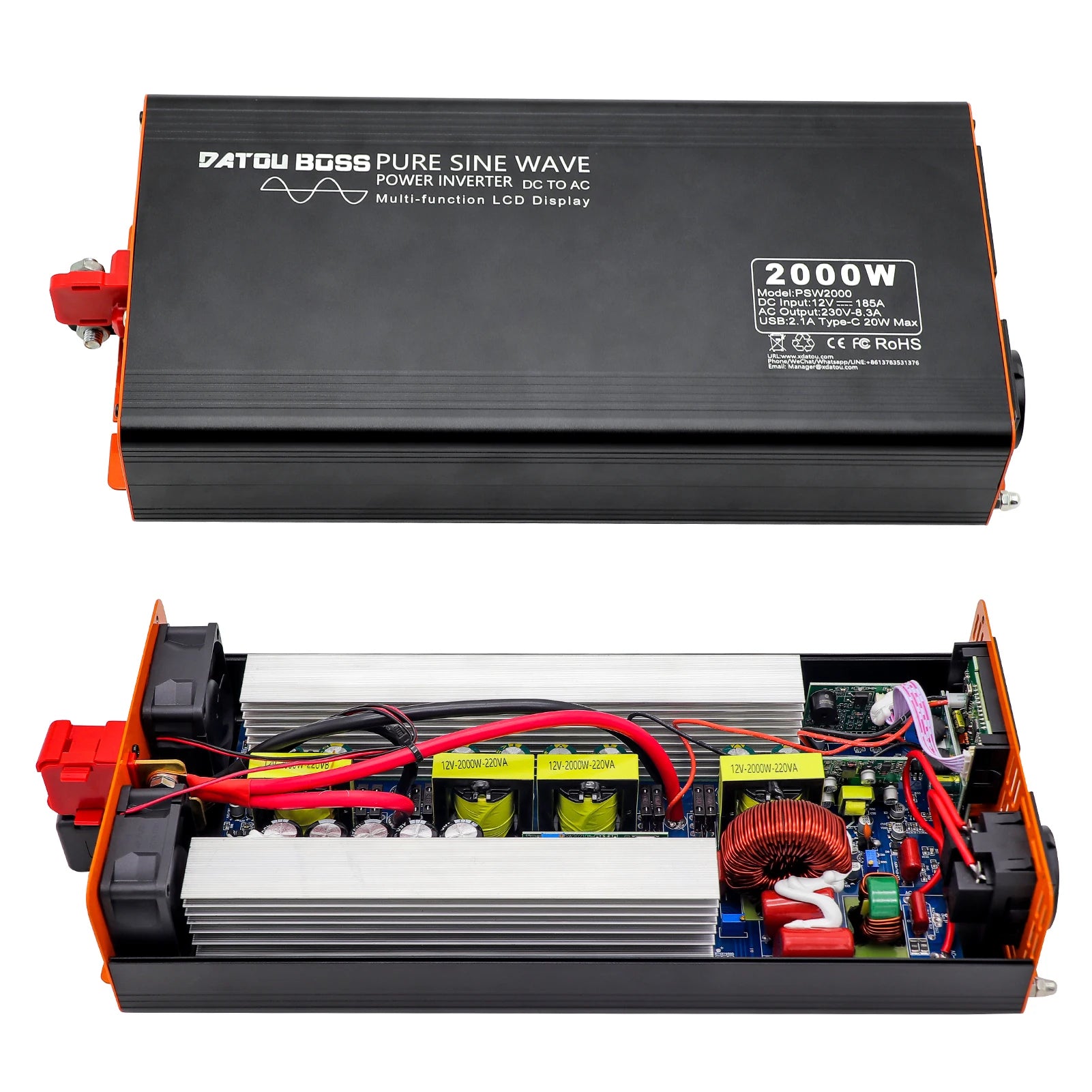 DATOUBOSS Pure Sine Wave Inverter, Pure Sine Wave Power Inverter converts DC power to AC at 220V/240V with LCD display.