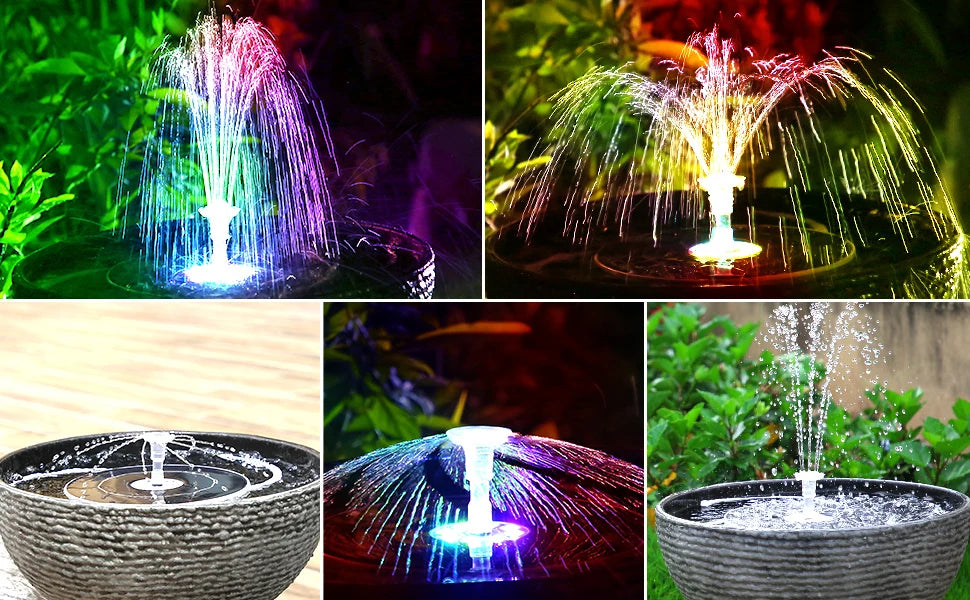 AISITIN 5.5W LED Solar Fountain, Six interchangeable nozzles produce various water effects for unique displays.