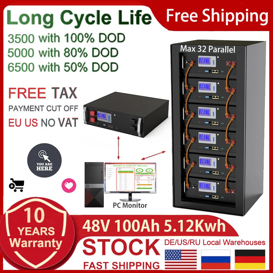 48V 100Ah 120Ah LiFePO4 Battery, Durable LiFePO4 battery with 5,000 cycle life, suitable for EU/US customers with free shipping and VAT-free.