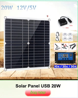 30W Solar Panel, Compact solar panel charges devices via USB port, ideal for outdoor use.